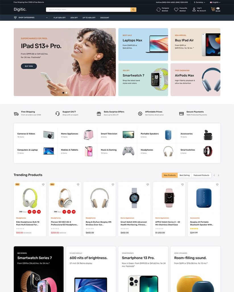 Шаблон главной страницы мультибрендового магазина электроники с рекламными блоками: узнаваемость бренда