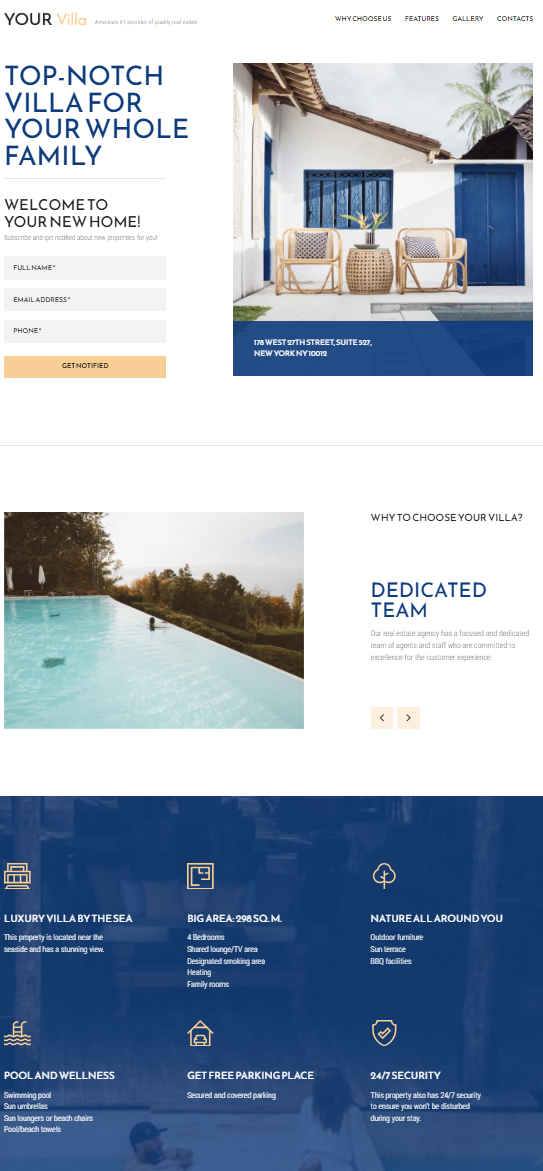 Шаблон лендинга для продажи недвижимости: макет страницы с виллами: узнаваемость бренда