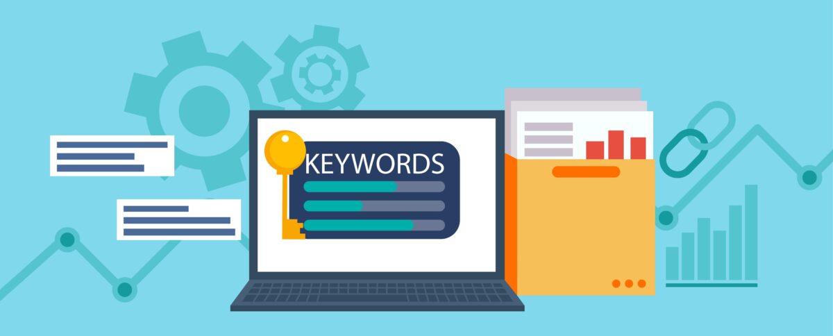 Иллюстрация сбора семантического ядра: ноутбук с надписью Keywords и папка с отчетами (2): аналитика