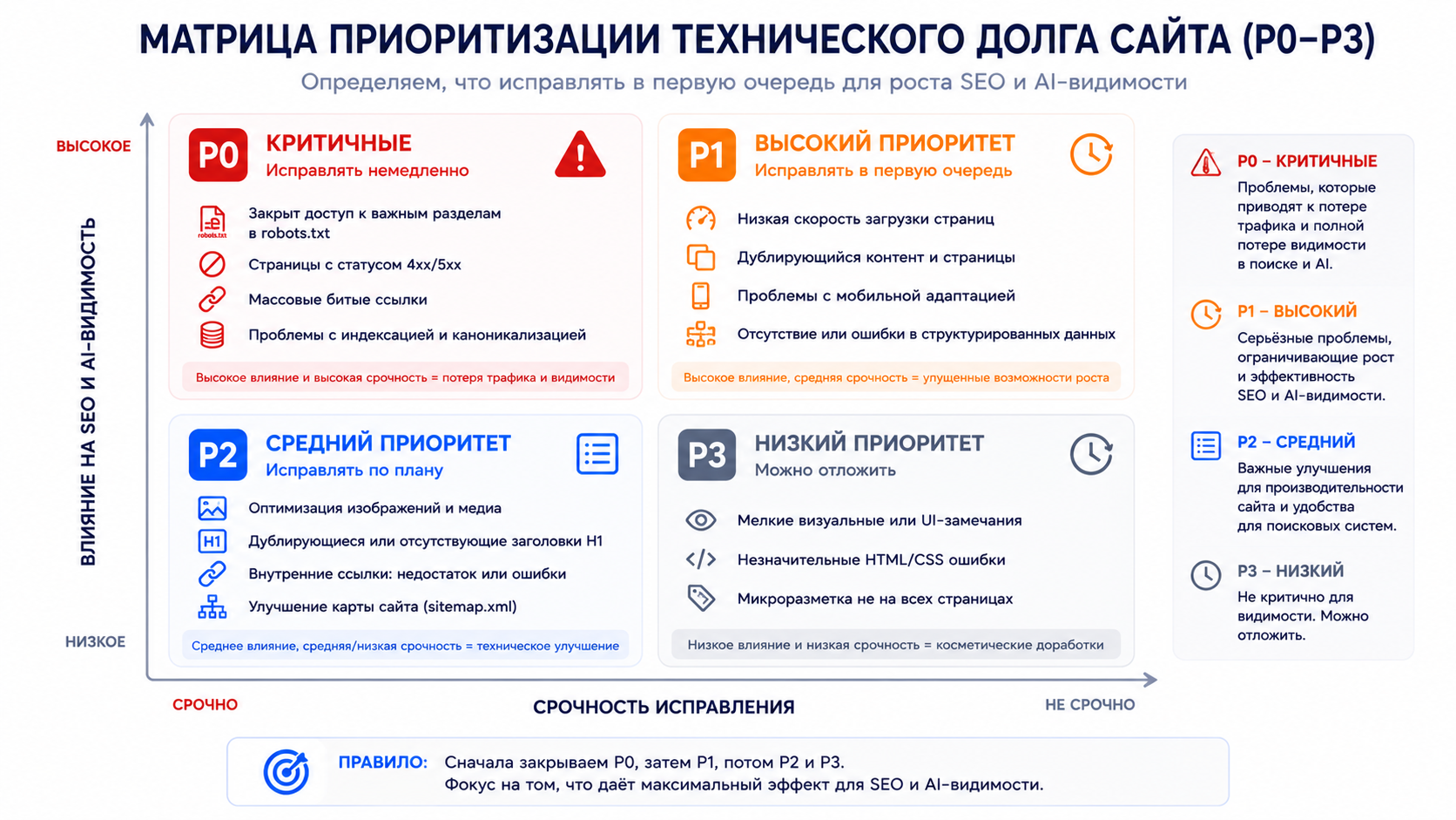 Матрица приоритизации технического долга сайта P0–P3 — критические и отложенные проблемы для SEO-аудита