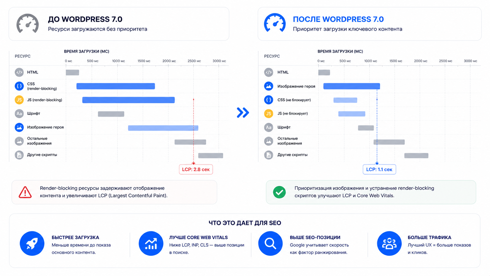 Влияние WordPress 7.0 на Core Web Vitals — приоритизация изображений и сокращение render-blocking скриптов
