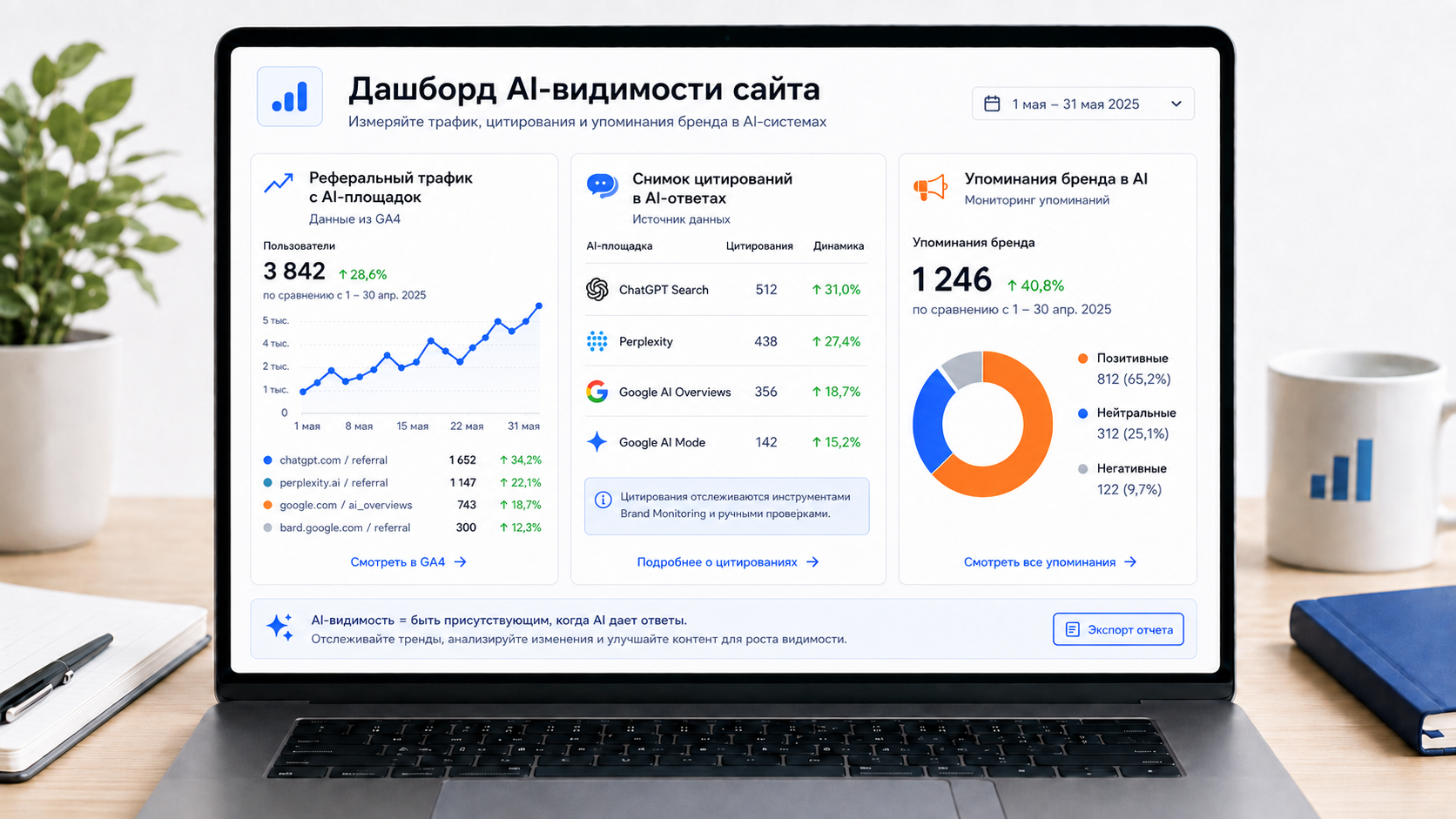 Дашборд измерения AI-видимости сайта: реферальный трафик в GA4, снимок цитирований, мониторинг упоминаний бренда