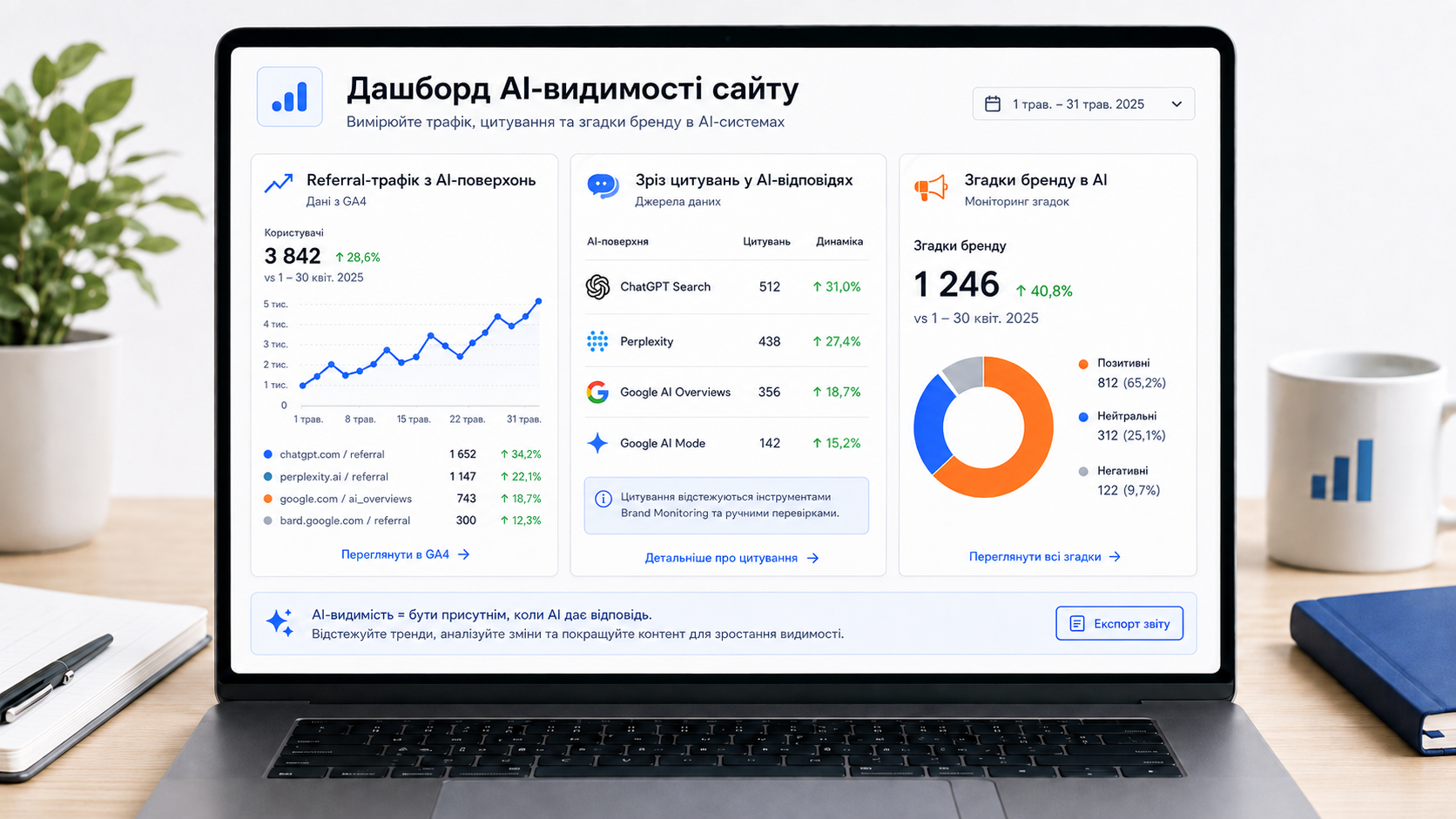 Дашборд вимірювання AI-видимості сайту: referral-трафік у GA4, зріз цитувань, моніторинг згадок бренду