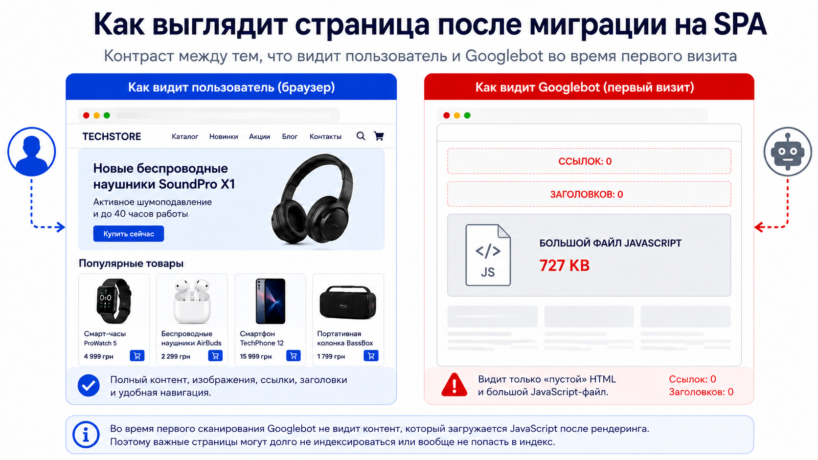 Сравнение страницы после миграции на SPA: пользователь видит полный сайт, Googlebot на первом визите — пустой HTML с JS-файлом 727 КБ