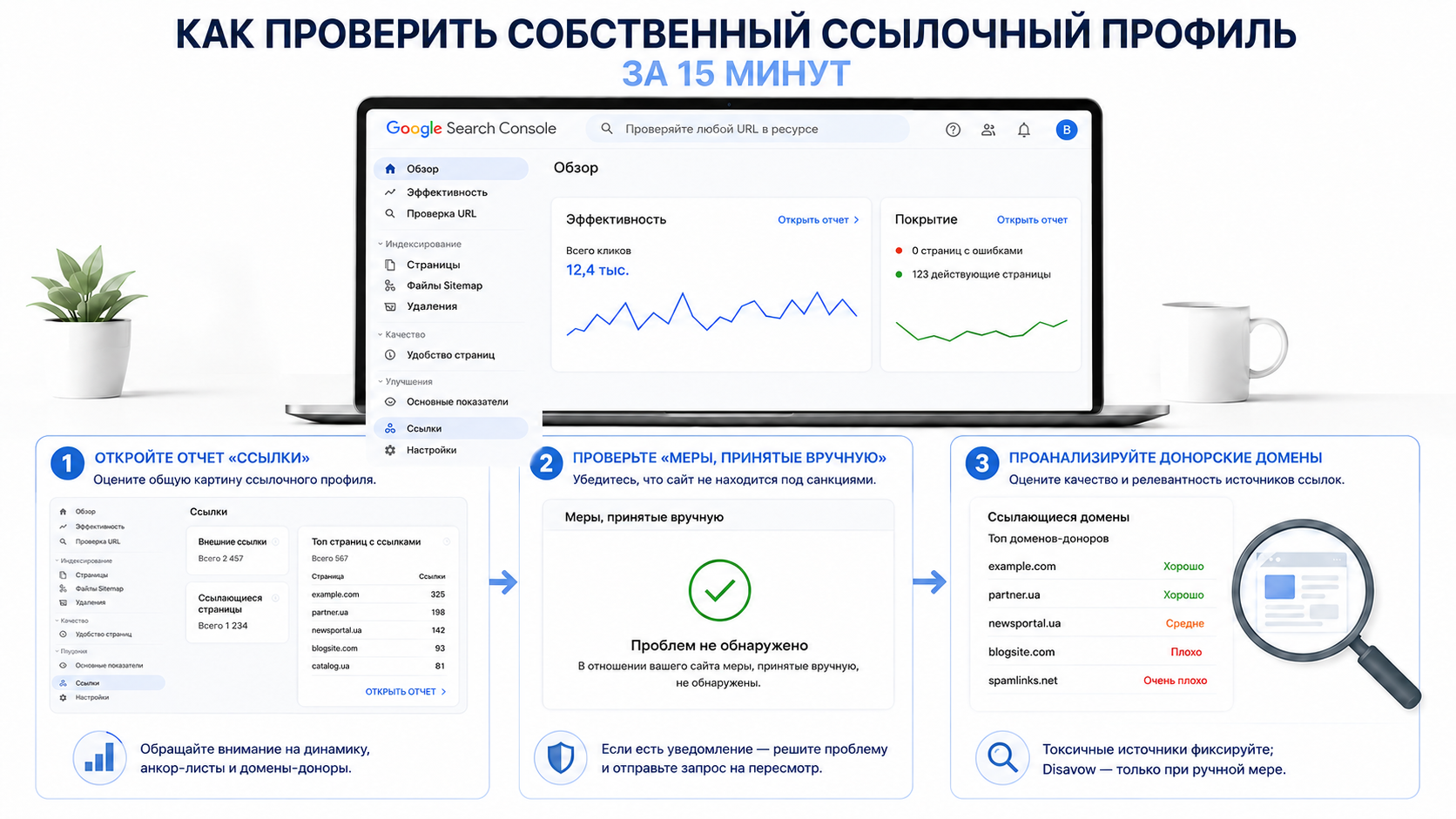 Проверка ссылочного профиля в Google Search Console — отчёты «Ссылки» и «Меры, принятые вручную» за 15 минут