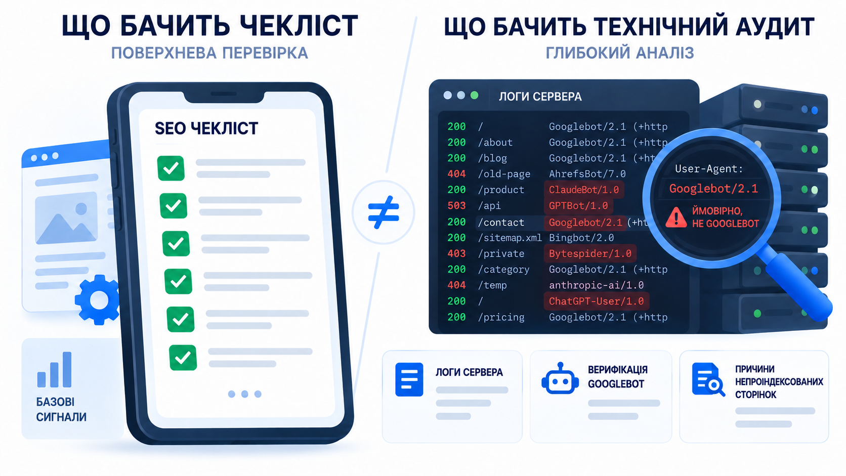 Що бачить чекліст і що бачить технічний аудит: логи сервера, верифікація Googlebot, причини непроіндексованих сторінок